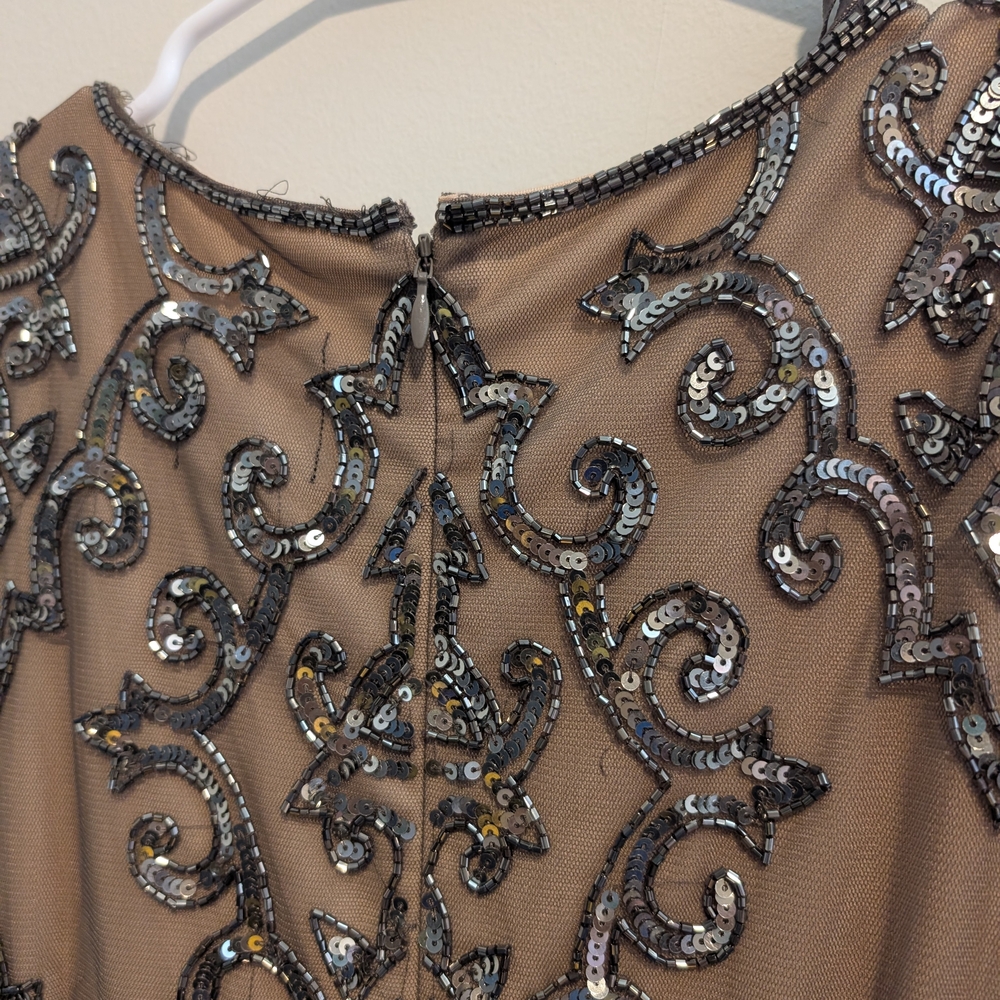 Adrianna Papell Taupe Mesh Midi Silver Sequin Embellishment Dress Size 4 - Picture 5 of 11